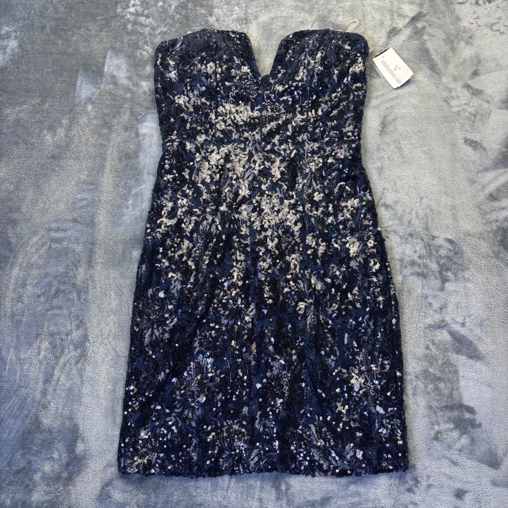 Sequin Hearts Navy Blue Strapless Deep V-Neck Sequin Bodycon Mini Dress Size 9